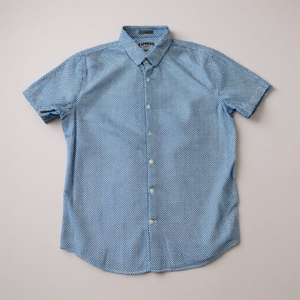 Express Blue and White Twill Diamond Shape Short Sleeve Button down Men shirt